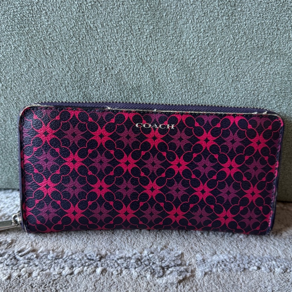 Coach Zip Along Purple Pink Logo Leather Wallet